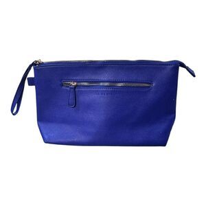 Laura Ashley Royal Blue Leather Makeup Bag Clutch Wrist Strap & Zipper Pockets